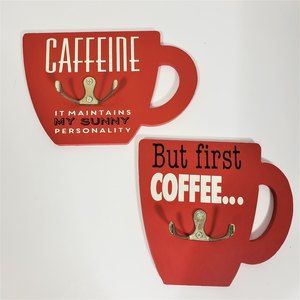 Coffee Cup Shaped Caffeine Signs w Hooks Wall Decor Red Silver Tone X 2 Set